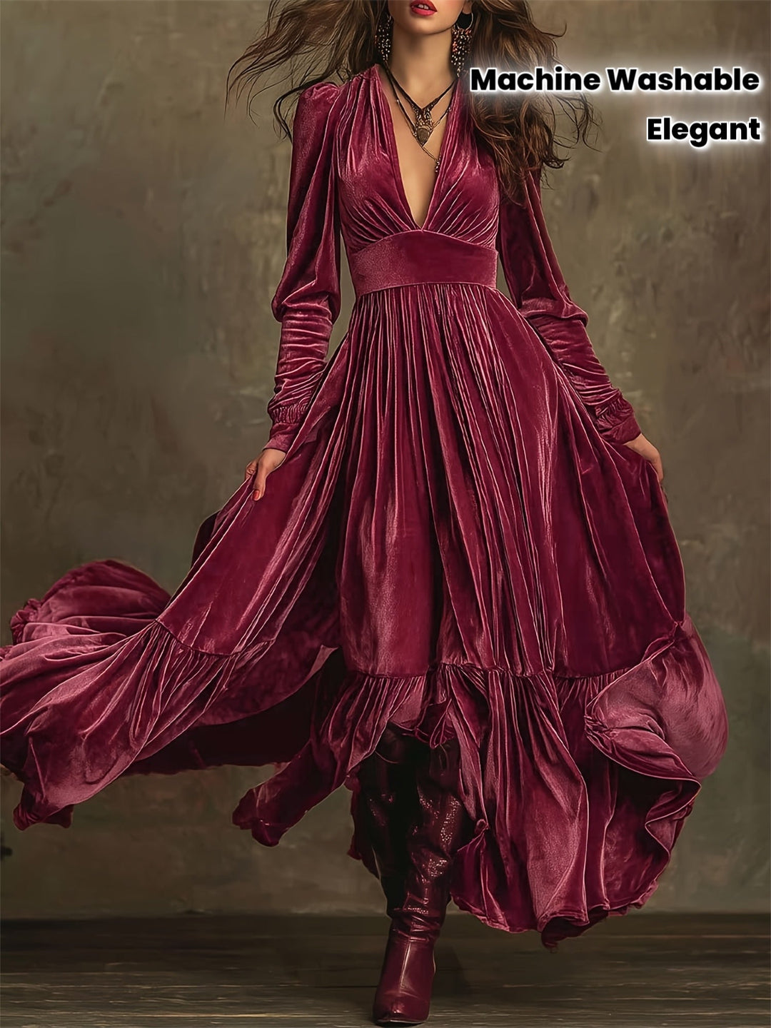 SERAFINA | RETRO OVERSIZED SKIRT LONG DRESS WITH DEEP V-NECK