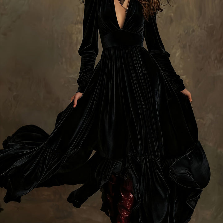 SERAFINA | RETRO OVERSIZED SKIRT LONG DRESS WITH DEEP V-NECK