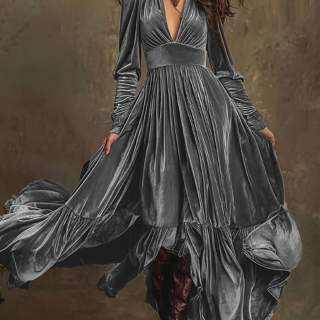 SERAFINA | RETRO OVERSIZED SKIRT LONG DRESS WITH DEEP V-NECK