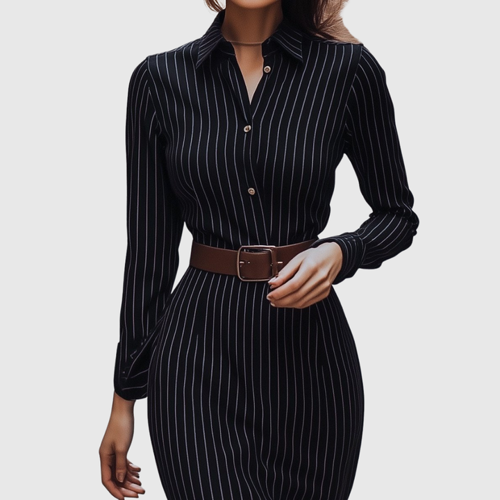 POPPY | BLACK PINSTRIPE SHIRT DRESS
