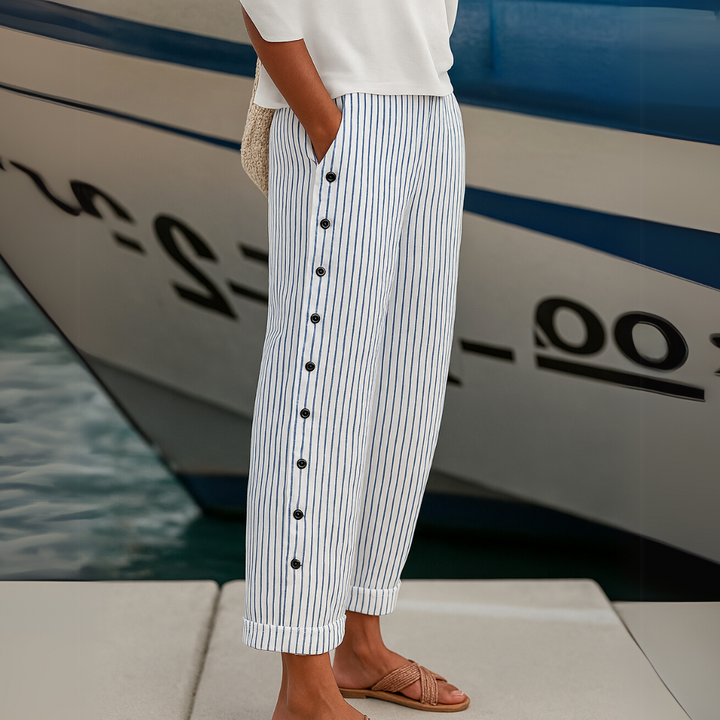 JOVIE | BUTTON-DETAIL STRIPED TROUSERS