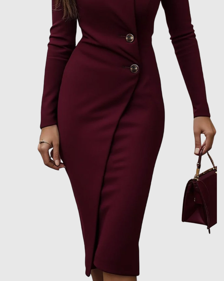 LUNED | BURGUNDY WRAP-STYLE BUTTONED MIDI DRESS