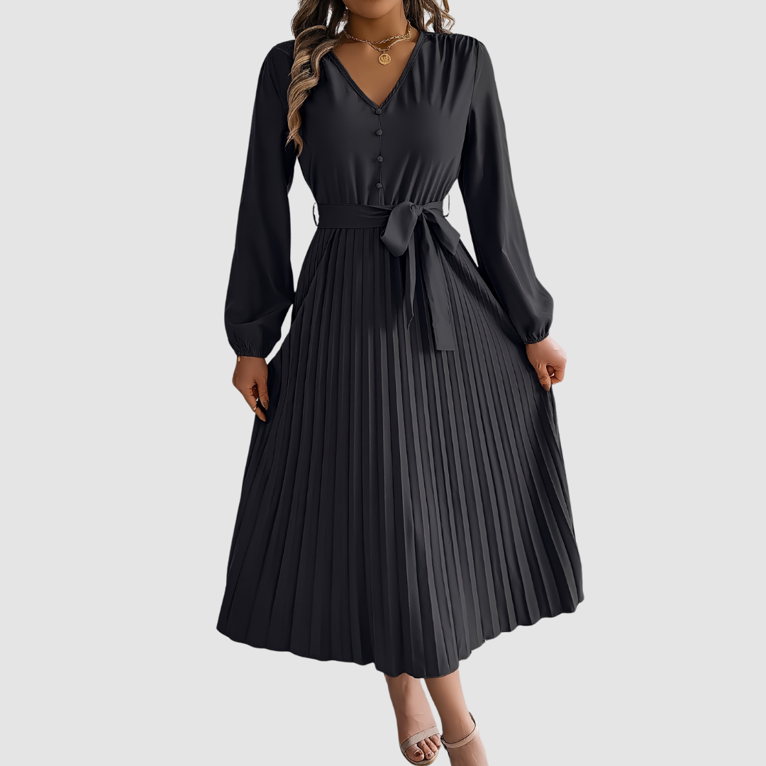 CELESTE BLOOM | PLEATED LONG-SLEEVE MIDI DRESS