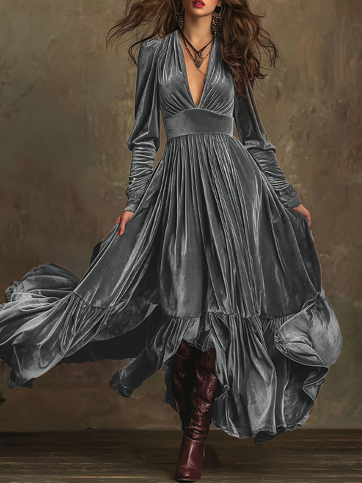 SERAFINA | RETRO OVERSIZED SKIRT LONG DRESS WITH DEEP V-NECK