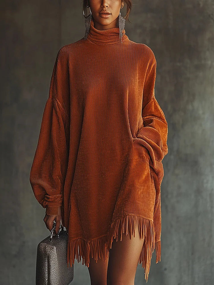 MIRA ORANGE CORDUROY DRESS WITH FRINGED HEM AND HIGH COLLAR
