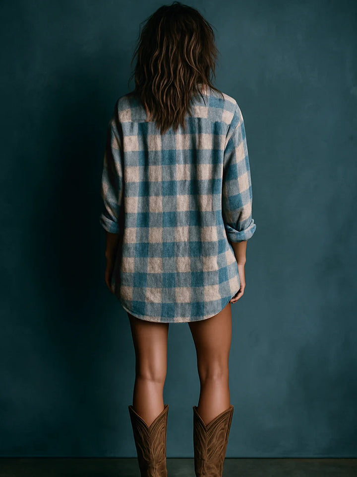 SELENIE BLUE AND WHITE LOOSE PLAID HENLEY NECK LONG SLEEVE MINI DRESS