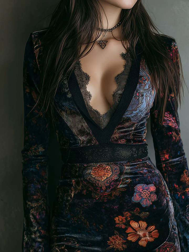 SELENE FLORAL VELVET MINI DRESS WITH V-NECK, LACE TRIM, AND FITTED SILHOUETTE