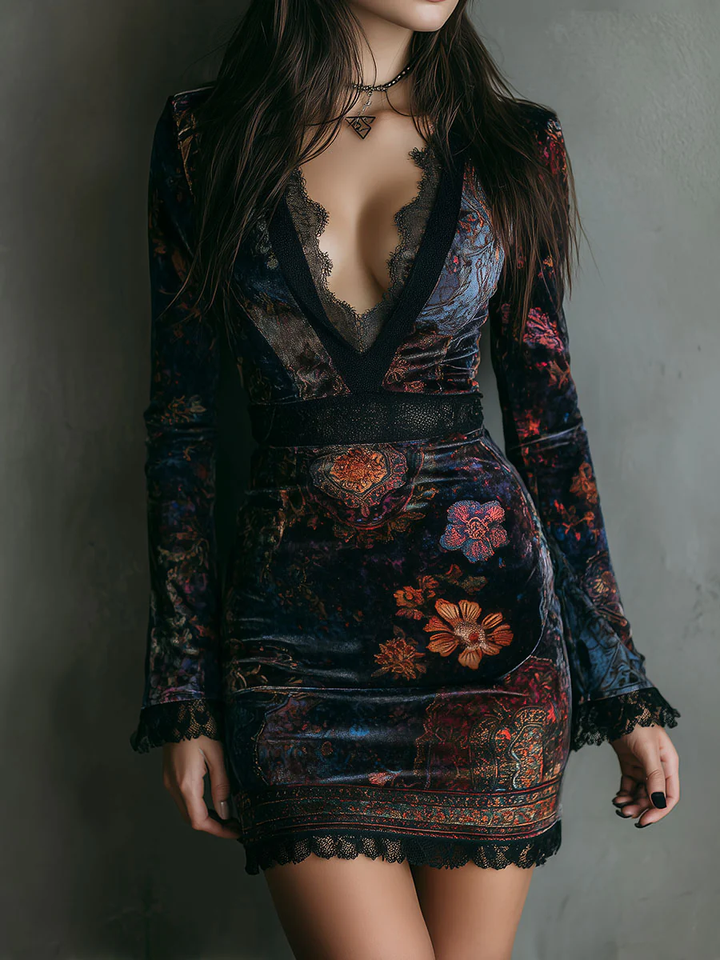 SELENE FLORAL VELVET MINI DRESS WITH V-NECK, LACE TRIM, AND FITTED SILHOUETTE