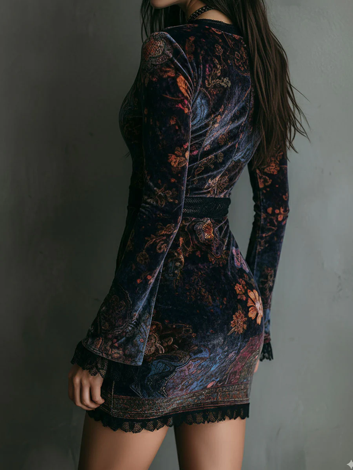 SELENE FLORAL VELVET MINI DRESS WITH V-NECK, LACE TRIM, AND FITTED SILHOUETTE