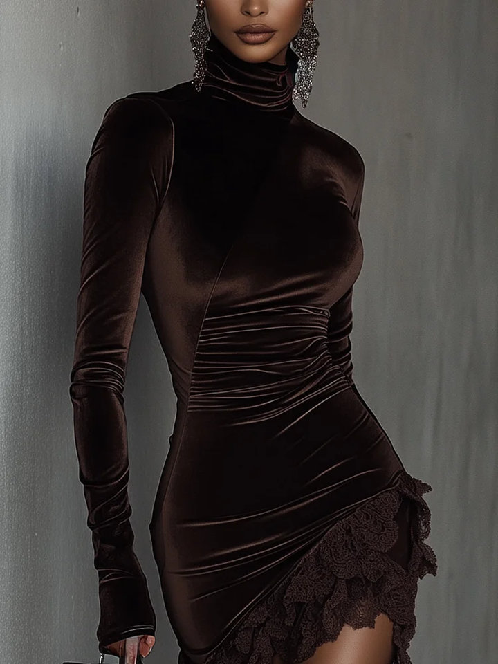 IZLA | CHOCOLATE VELVET TURTLENECK WITH LACE HEM AND FITTED MINI DRESS