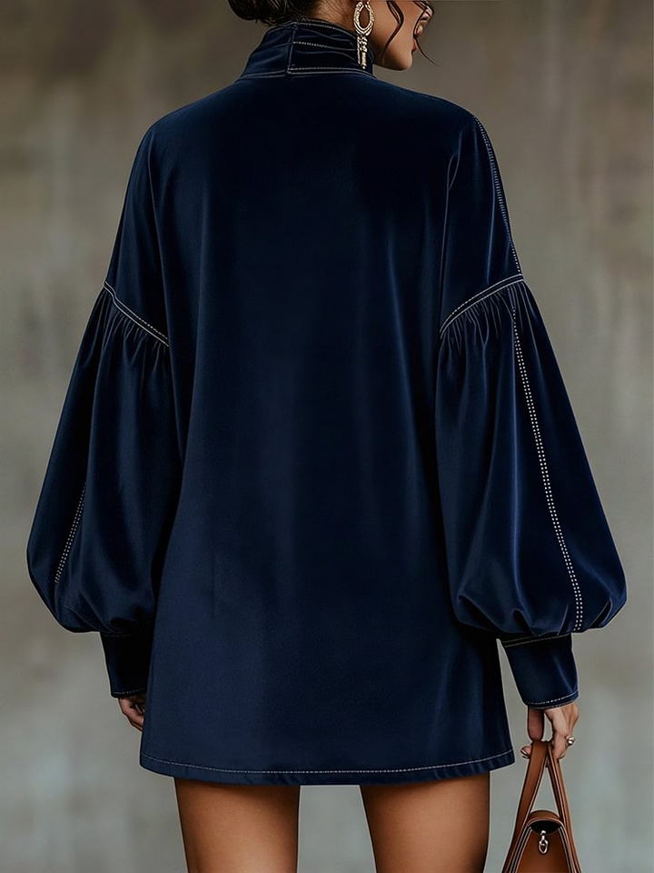 LIORA DARK BLUE VELVET MINI DRESS WITH BOW AND LANTERN SLEEVES