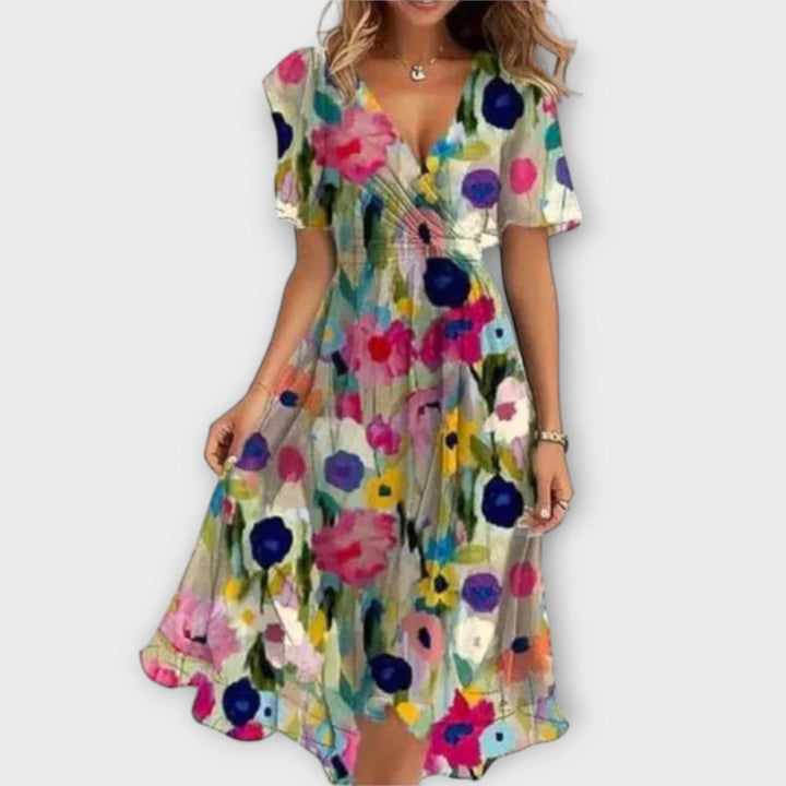 ISOIDE | FLORAL V-NECK WRAP MIDI DRESS