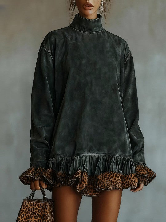 ZARA SUEDE MINI DRESS WITH TURTLENECK AND LEOPARD PRINT PANEL